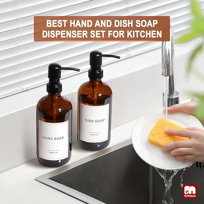 GMISUN Amber Glass Soap Dispenser, 2 Pack Bathroom Hand Soap Dispensers with Stainless Steel Pump, 17 Fl Oz Kitchen Hand and Dish Soap Dispenser Set, Modern Vintage Liquid Brown Soap Dispensers Bottle