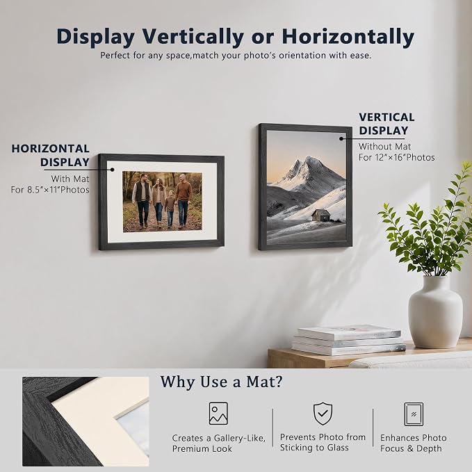 VCK 12x16 Picture Frames Black 3 Pack, Wide Border Solid Wood, Tempered Glass, Display 8.5x11 Photo with Mat or 12 x 16 without, for Home, Office, Gallery, Woodgrain Series, Wall Hanging