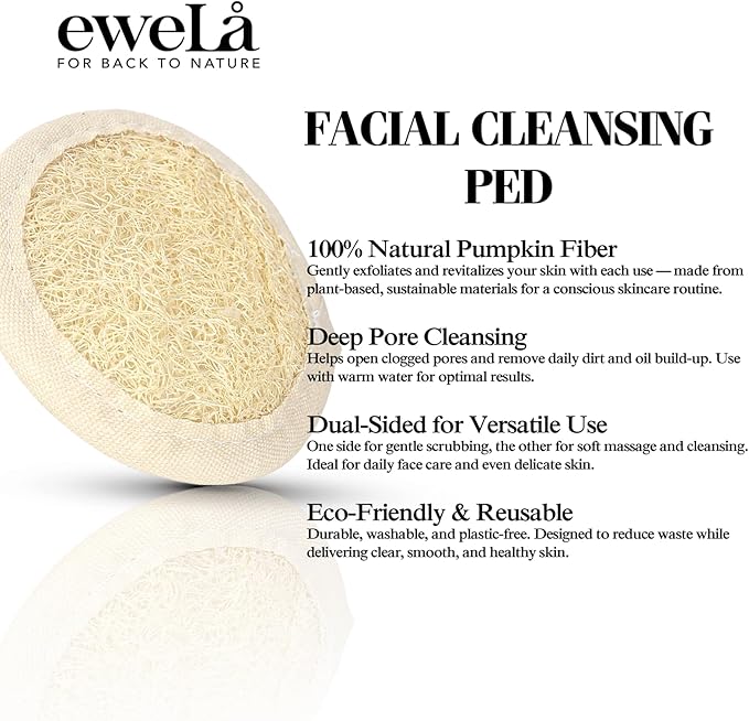 Ewelà Natural Facial Cleansing Pad – 100% Organic Loofah & Cotton Dual-Sided Exfoliating Face Scrubber – Reusable, Biodegradable, Gentle Skin Care Sponge for Daily Deep Pore Cleanse – 8.5cm Round