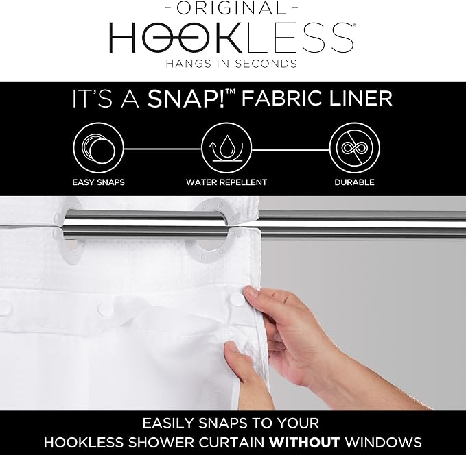 Hookless It's A Snap! Polyester Fabric Snap-In Replacement Shower Curtain Liner for Hookless Curtain with No Sheer Window, 70" x 69", Water-Repellent, Easy Install, White