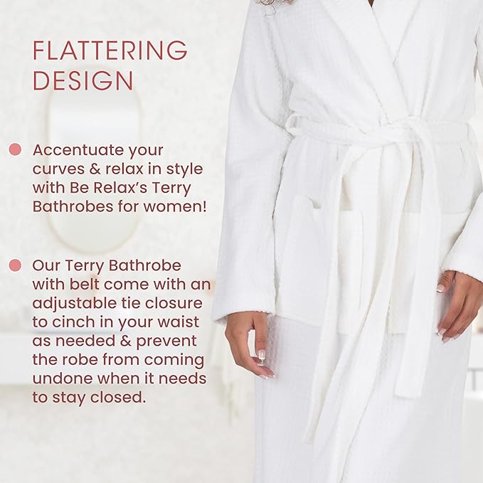 Be Relax Bathrobe for Women - Full Length Terry Cotton Robe with Shawl Collar and Hood, Warm and Cozy Robe with Belt & Pocket