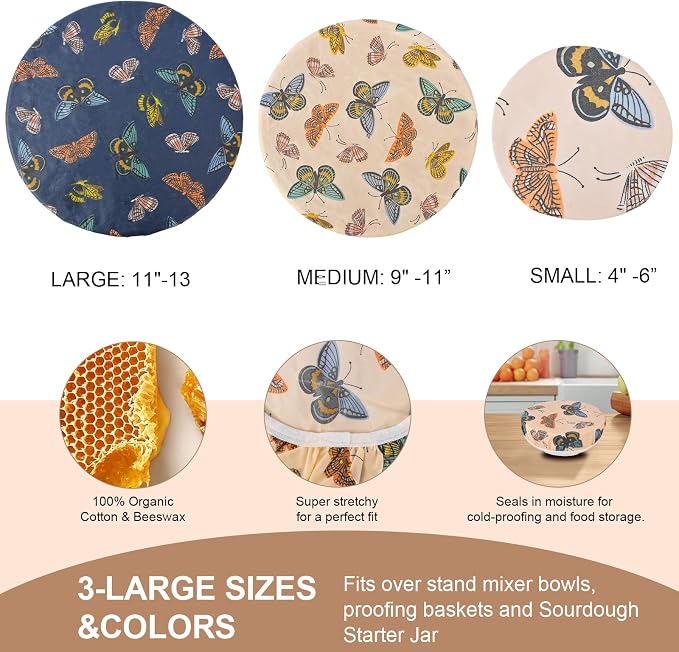 Reusable Bowl Covers for Bread Proofing - Beeswax Bowl Covers Reusable 3 Set, Cotton Blend Stretch Design, Fits 4-13 Inch Bowls, Shower Caps for Sourdough Bread（Butterfly）