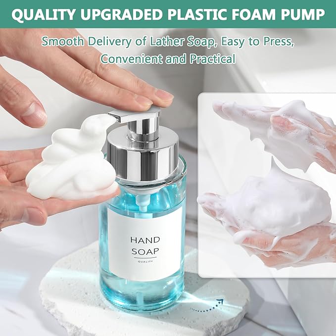RYTOXILO Glass Soap Dispenser, 10 oz/300ml Foaming Soap Dispenser, 4 Pack Foaming Hand Dispenser for Bathroom & Kitchen, Clear Refillable Foam Soap Bottle with Silver Pump