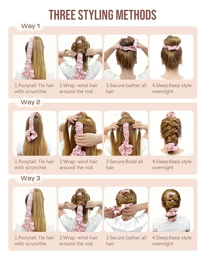 BONNET QUEEN Multi-function Satin Heatless Hair Curler & Hair Tie Non-Heating Hair Roller Curling Rod with Scrunchie, Large, Cream Pink(For Big Curls)