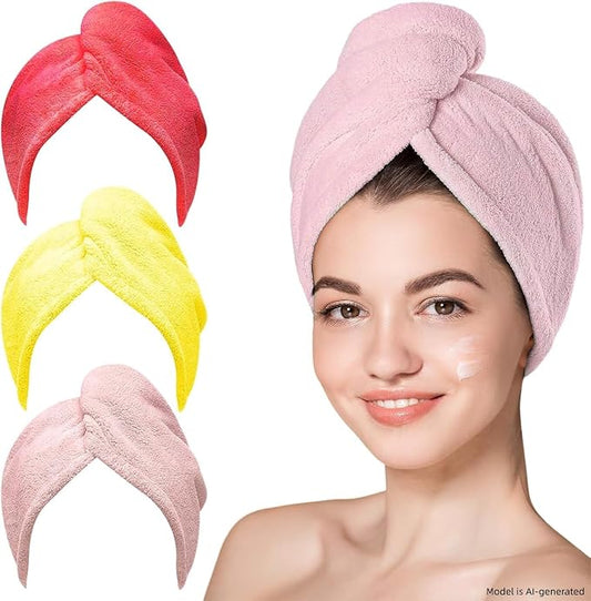 3 Pack Microfiber Hair Towel Wrap, Multi Color Red Yellow Pink Quick Dry Hair Turban for Women,Super Absorbent Soft Hair Drying Cap for Long Thick Curly Hair, Shower Bath Travel Hair Wrap