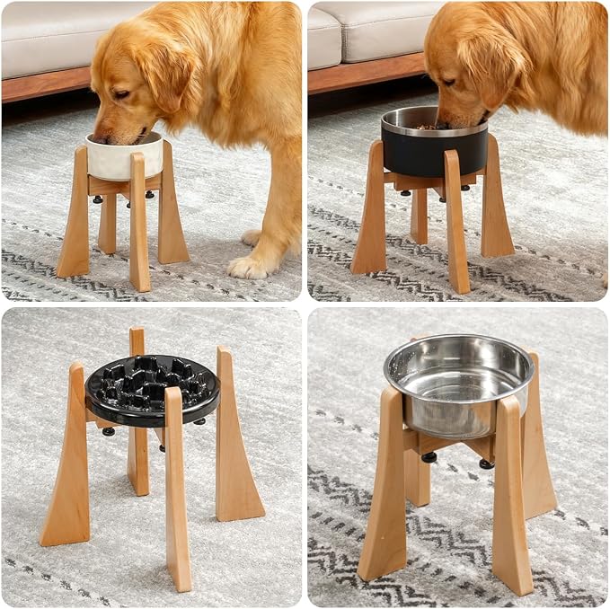 Elevated Bowl Stand Set 10-inch with Heavy Duty Beech Wood Made, Anti-Vomit Design for Medium Breed, Senior Dogs, Ergonomic Neck Protecting, Adjustable Diameter, Easy Clean Non Toxic