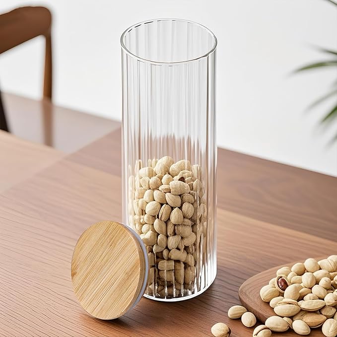 1.7L/57.49Oz 3 Pack Glass Food Containers with Lids - Storage Jars with Bamboo Lids Airtight - Kitchen Storage Glass Jars for Spaghetti Nuts Cereal Flour