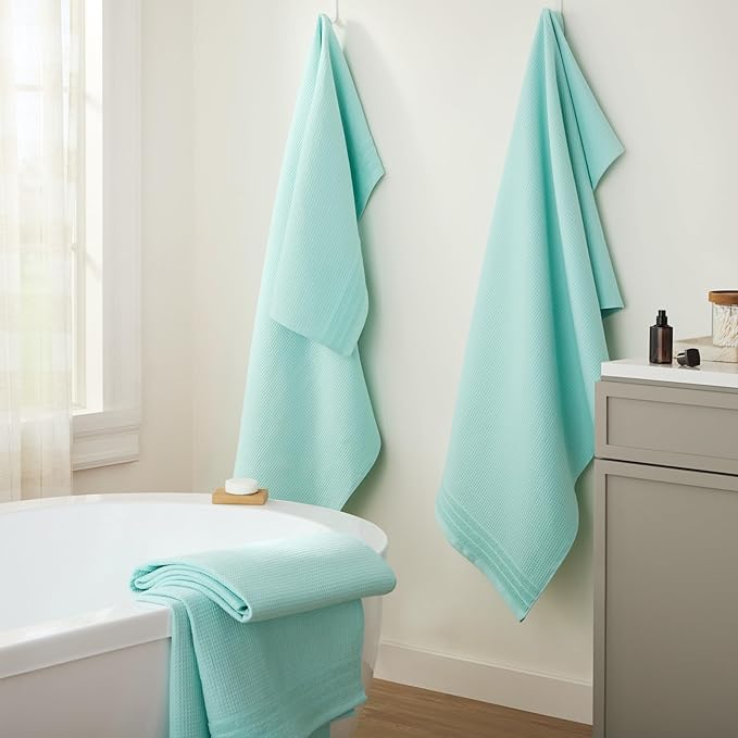 Town & Country Basics 4-Piece Waffle Woven Terry Stripe Bath Towel Set, 30x56-Inch, 100% Cotton, Quick Dry, Aqua