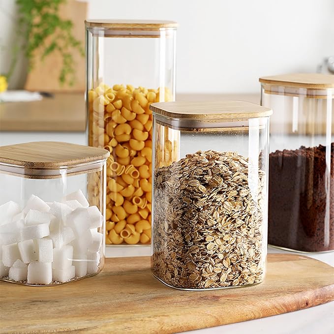 3 Pack 1500ml/50.73Oz Glass Storage Jars with Bamboo Lids - Kitchen Storage Containers - Glass Containers with Airtight Lids for Beans Coffee Pasta Cereal