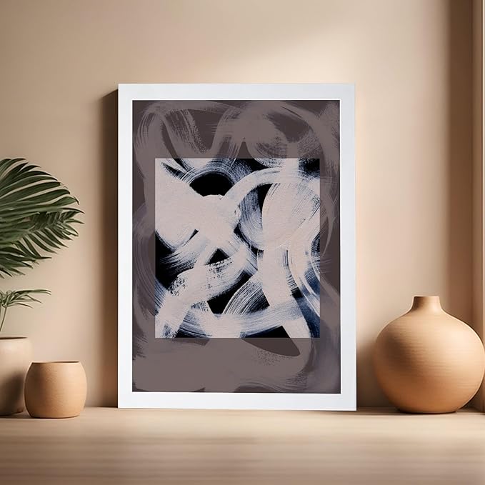 Monem Art Monochrome Abstract Brushstroke Painting Print - Modern Minimalist Graphic Art Poster - Wall Decor for Living Room, Bedroom or Office - 16x20 White Framed Wall Art by Mareike Bohmer