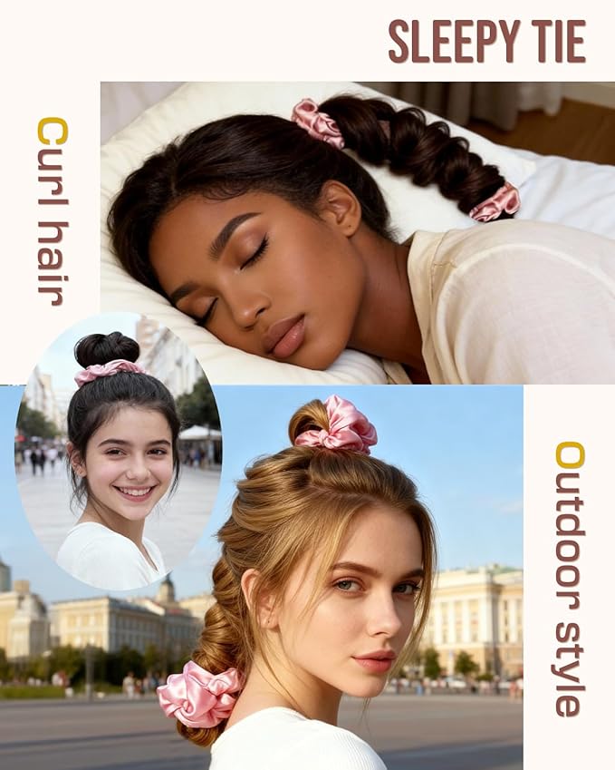 BONNET QUEEN Multi-function Satin Heatless Hair Curler & Hair Tie Non-Heating Hair Roller Curling Rod with Scrunchie, Large, Cream Pink(For Big Curls)