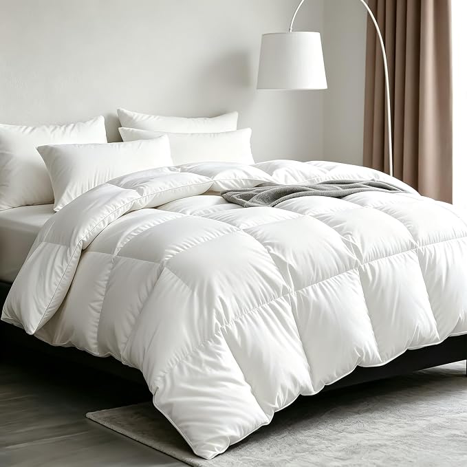 Cobnom® Luxury Organic Down Feather Comforter Oversized King, High Fill-Power Down Feather Fibers Duvet Insert with 100% Cotton Cover, Medium Warm for All-Season, Ivory White, 120x98 Inch