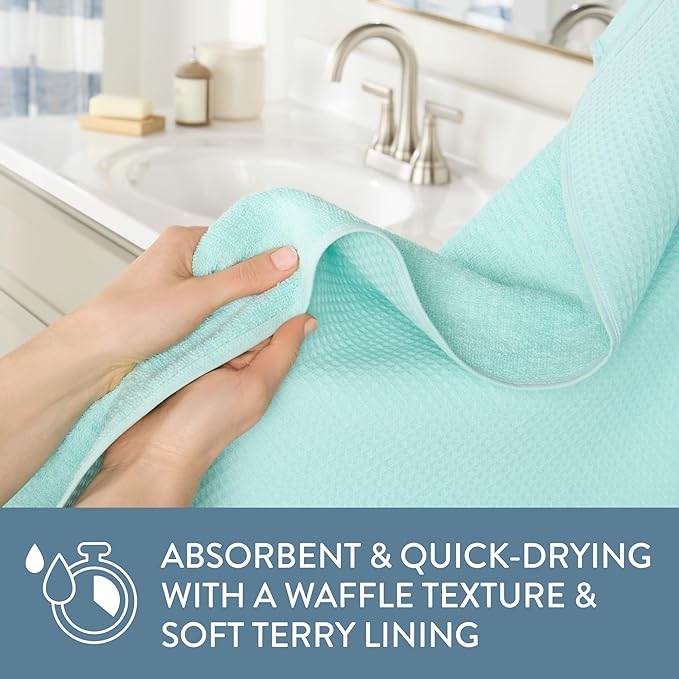 Town & Country Basics 4-Piece Waffle Woven Terry Stripe Bath Towel Set, 30x56-Inch, 100% Cotton, Quick Dry, Aqua