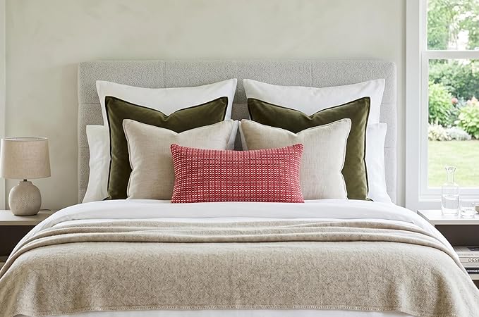 SanVia Cotton Lumbar Pillow Cover 12x20 — Handwoven Jacquard Texture, Fade-Resistant, No Pilling — Hidden Zipper, Decorative Throw Pillow Covers for Couch, Bed — Insert Not Included (Farmhouse, Red)