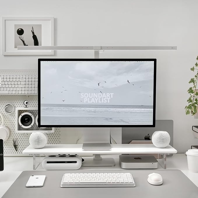 Bamboo Monitor Stand Riser with Acrylic Legs for Desk, 31.5 Inches Desktop Shelf Supports for PC Computer Monitor, Laptops, Printer, Speakers (White)