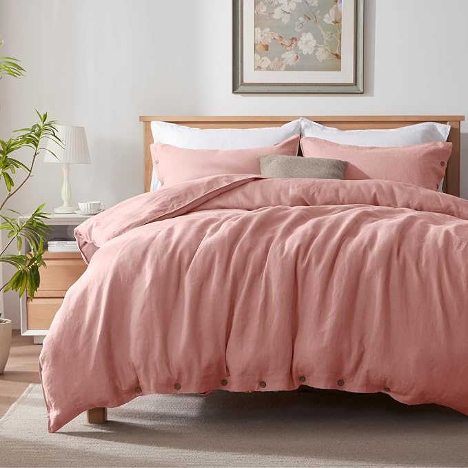 TOSMO 100% Linen Full Duvet Cover Set, Luxury French Flax Natural Linen Duvet Cover with Button Closure & Corner Ties, Cooling Breathable Comforter Cover 3 Piece (Rose Pink)