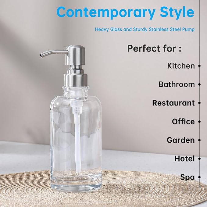 Clear Glass Soap Dispenser with Brushed Nickel Pump 2 Pack, 2 X 11 OZ Liquid Soap Dispenser Cylindrical with Stainless Steel Pump for Dish Hand Soap Bathroom Kitchen Vanity Countertop