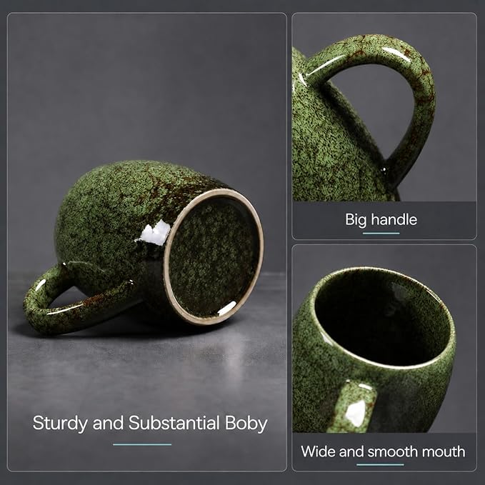 21oz Large Handmade ceramic Mug, Big Ceramic Tea Cup, Durable and Heavy Microwave and Dishwasher Safe Pottery Coffee Mug with Handle, Reactive Glaze Stoneware Clay coffee mug (Green)