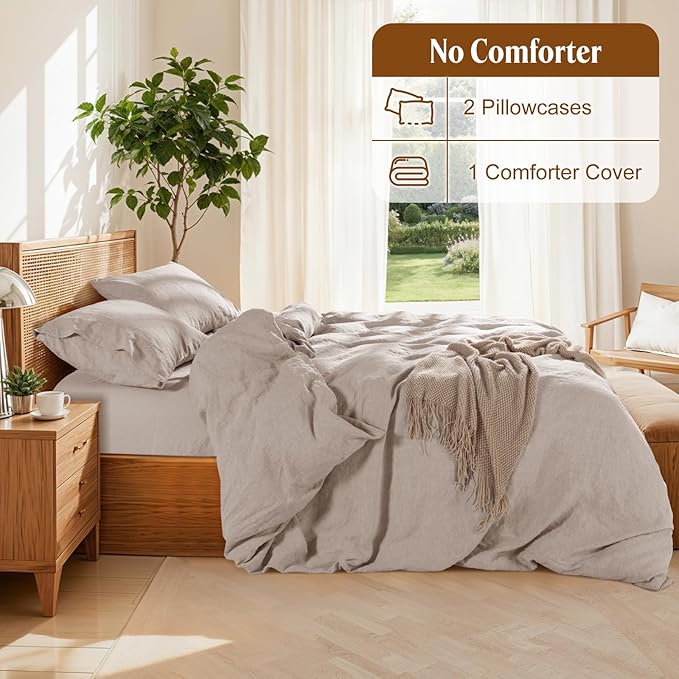LBRO2M 100% France Linen Duvet Cover Set 3 Pcs Including 1 Flax Comforter Cover with Zipper Closure, 2 Pillowcase, Cozy Duvet Cover Queen Size, Linen Color
