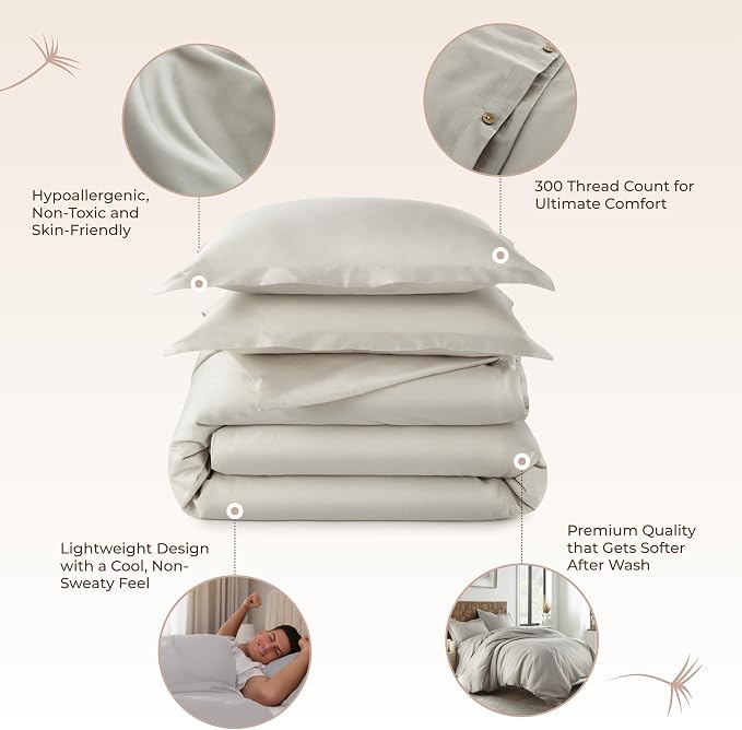 100% Organic Cotton Duvet Cover King Size - Naturally Soft Lightweight & Cooling Duvet Cover Set with Decorative Shams - Premium GOTS Certified 300 Thread Count Sateen Weave (Pewter, King)