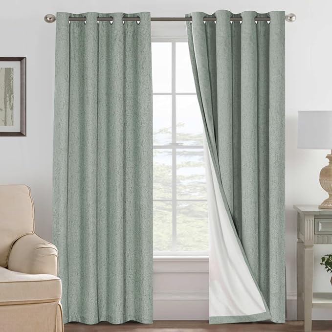 H.VERSAILTEX Blackout Curtains Linen Curtains 120 inches Long 100% Black Out Curtains for Bedroom Windows, Textured Linen Look Draperies Grommet with White Liner, 2 Panels, Green Bay
