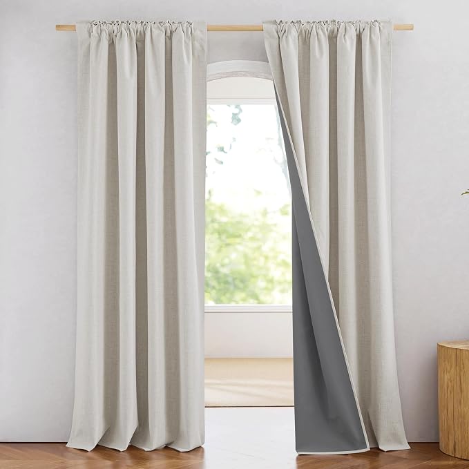 NICETOWN 100% Blackout Linen Curtains 90 inches Length with Thermal Insulated Liners for Bedroom, 2 Panels, 52" W, Alabaster Gray Farmhouse Style Room Cooling Window Draperies for Dining Room
