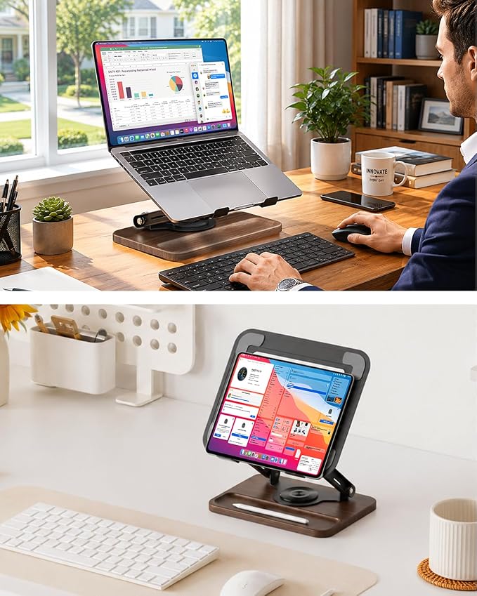 SupeDesk Adjustable Laptop Stand with 360° Rotating Base, Ergonomic Laptop Riser for Desk, Ventilated Notebook Stand with Storage Tray, Wood Base & Silicone Pads for Laptops, Tablets & Books