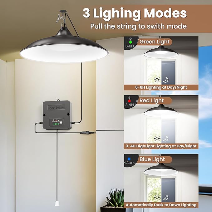 Solar Shed Light Indoor Outdoor, 2000LM Daytime Available Pendant Light with Pull String, Dusk to Dawn, 3 Lighting Modes Solar Lights Indoor, IP65 Waterproof for Barn, Gazebo, Shop, Garage