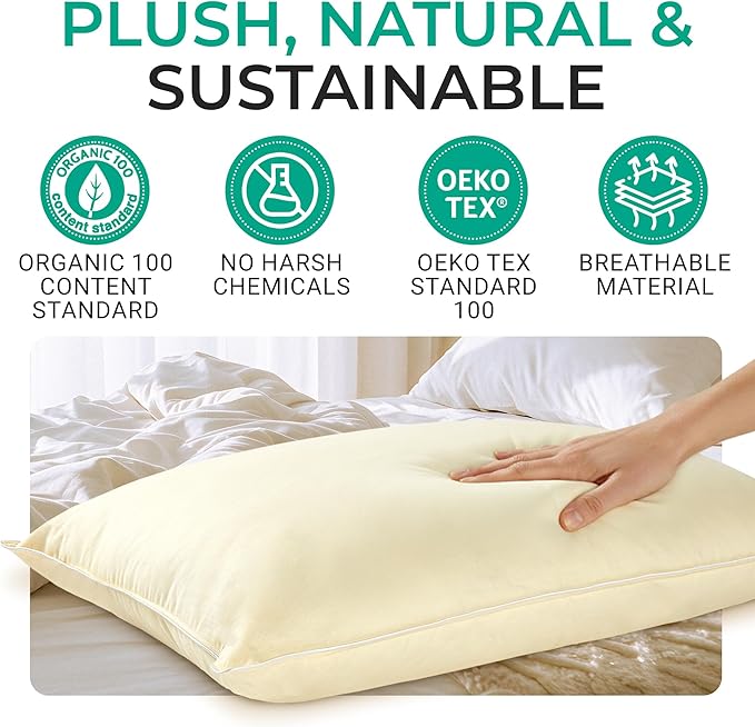Cheer Collection Set of 2 Organic Kapok Bed Pillows, Natural Kapok Fiber Filled Sleeping Pillows with Breathable Cotton Shell, King Size, 20 x 36 inches