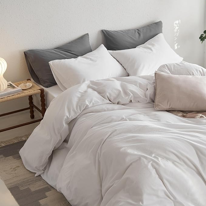MooMee King Duvet Cover Set, 100% Washed Cotton Linen Like Twill Thick Sturdy Material Super Soft Breathable Durable Bedding for All Season, 3 Pieces (Bright White, King 104"x90")