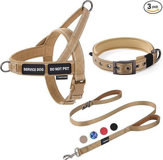 Annchwool No Pull Dog Harness,Heavy Duty Reflective Collar & Leash Set-Leash with Double Handle & Car Seatbelt Clip-Easy Control for Walking Training Medium Large Size Dogs(Brown,S)