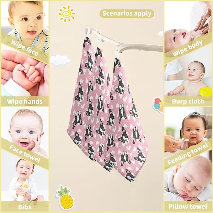 Baby French Bulldog Heart Msulin Washcloths Newborn Face Towel - Baby Muslin Burp Cloths 5 Pack Soft Absorbent Natural Cotton Wash Towel 11.8"X11.8" Baby Bath Towels Wipes