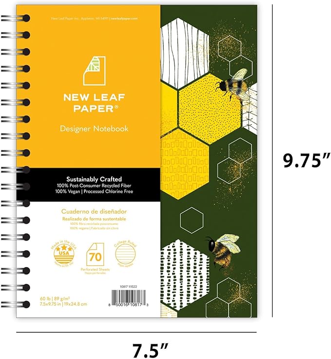Small Spiral Bound Recycled Notebook, Bees Design, 9.75" x 7.5", 70 Sheets, Double-Wire, College Ruled, Vegan, Made in USA