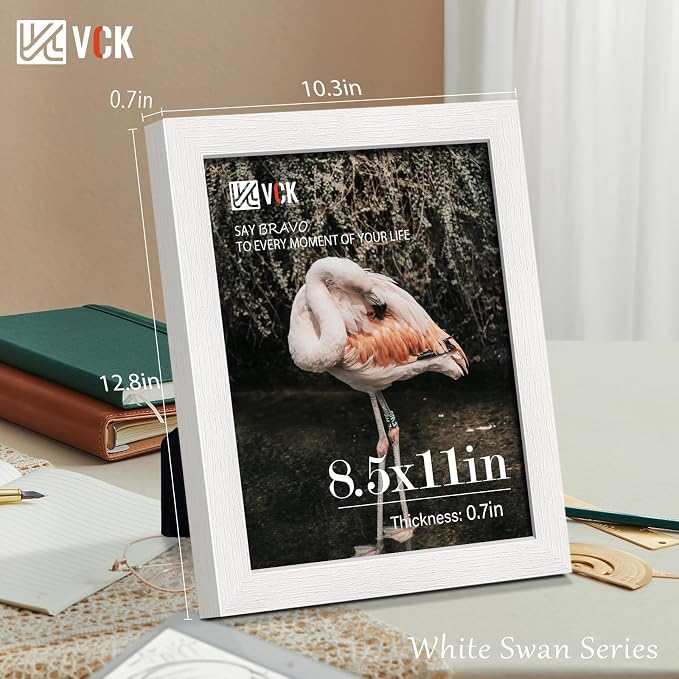 VCK 8.5x11 Picture Frame Set of 4 - White, Gallery-Quality Wood Poster Frames, 1.1-Inch Wide Border, Polished Plexiglass, Vertical or Horizontal Wall & Tabletop Display for Photo/Art/Prints, White