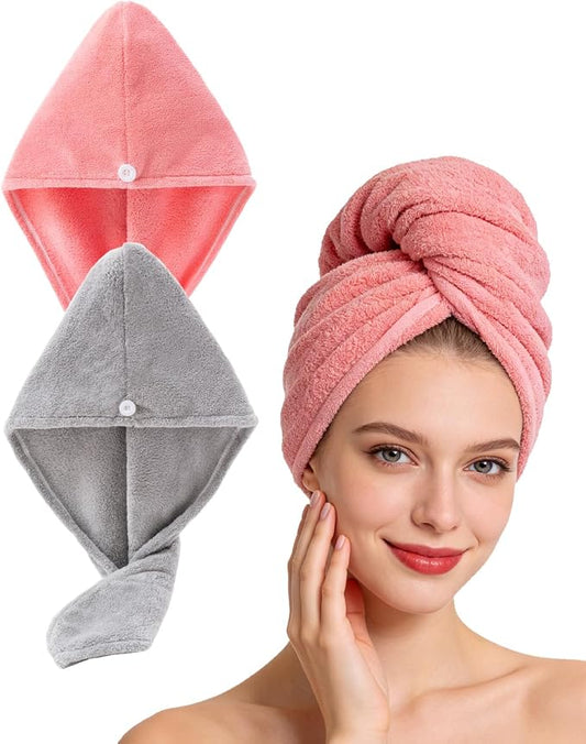 Lumimi Bath Pre Dry Hair Towel 2 Pack Quick Dry Hair Super Absorbent Lightweight Turban with Button Hair Drying Wrap Shower Wellness, Red Grey