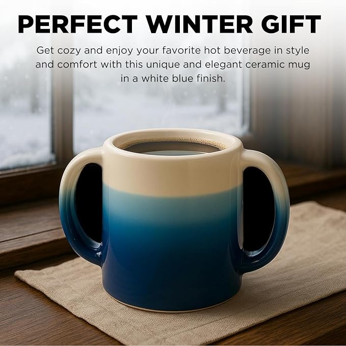 GUTE Handmade Pottery Double Hand Warmer Mug - 14 oz Ceramic Coffee Mug with Contoured Pockets for Both Hands Clay, Dishwasher & Microwave Safe, Comfy Blue - Winter Stocking Stuffer Gift