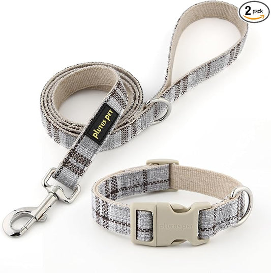 Plutus Pet Cotton Hemp Dog Collar and Leash Set, Adjustable Collar for Small, Medium, and Large Dogs, Heavy Duty and Soft on Skin, Gray Plaid, L