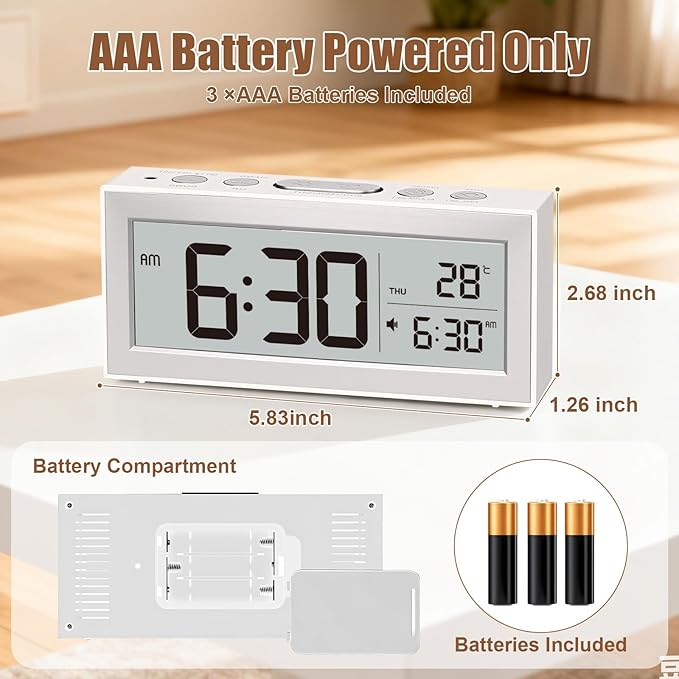 ALANAS Battery Operated Alarm Clock, Portable Digital Clock with Large Display, Snooze, Temperature & Date, Auto-Dim Night Light for Easy Reading, Ideal for Seniors, Kids, Bedroom, Travel, Nightstand