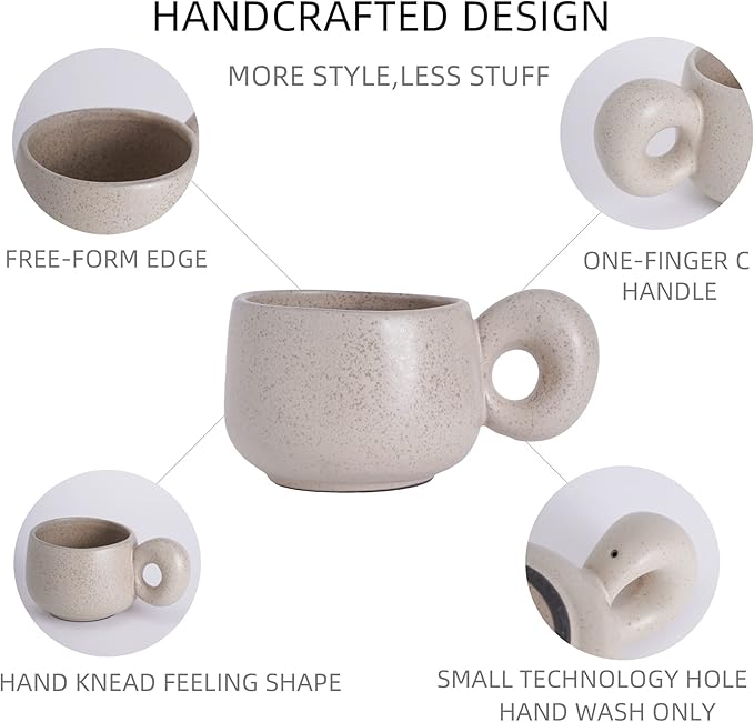 Uaral Cermic Small Coffee Mugs 10 Ounce Cappuccino Mugs Handmade Mug Set with One-finger Handle for Mocca,Latte,Cereal,Yogurt and Beverage,Set of 2(Cream)