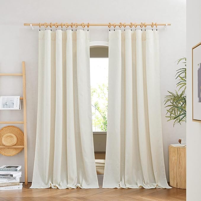 NICETOWN Thick Boho Curtains Linen Drapes for Living Room, Rustic Rod Pocket Semi Sheer Panels Privacy Assured Semi Sheer Linen Blend for Living Room/Bedroom, Off White, W55 x L95, 2 Panels