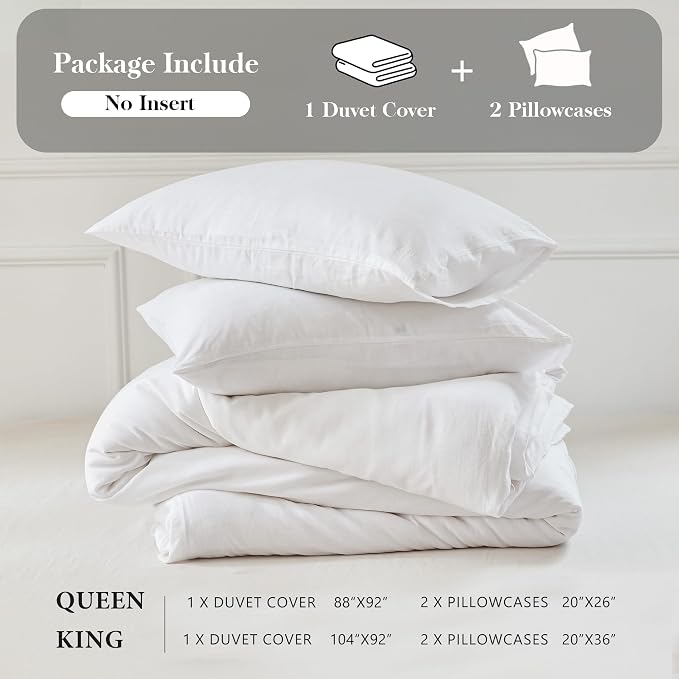 Simple&Opulence Linen Duvet Cover Set Queen Size - French Linen Cotton Woven Blend in White Color, 3 Pieces (1 Comforter Cover 88x92” + 2 Pillowcases), Soft & Breathable All-Season Farmhouse Bedding