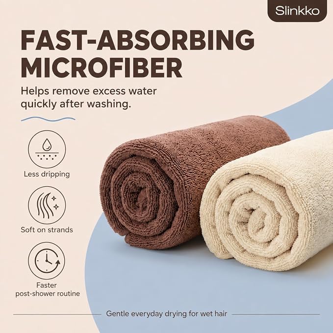 Microfiber Hair Towel Wrap for Women – Ultra Absorbent Quick Dry Turban | Button & Loop Design | Soft Lightweight Fabric | Reduces Frizz & Breakage | All Hair Types | Beige & Brown