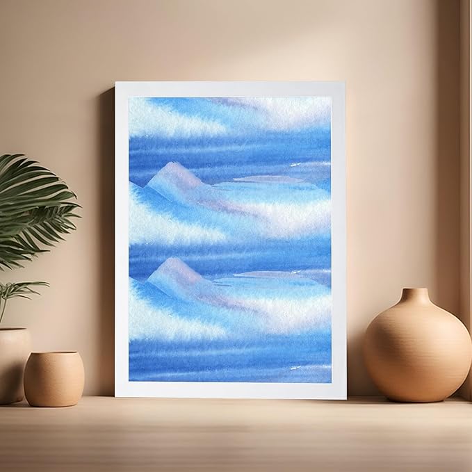 Monem Art Blue Watercolor Abstract Landscape Print - Minimalist Ocean Horizon Art Poster - Wall Decor for Living Room, Bedroom or Office - 16x20 White Framed Wall Art by Rs Lab Studio