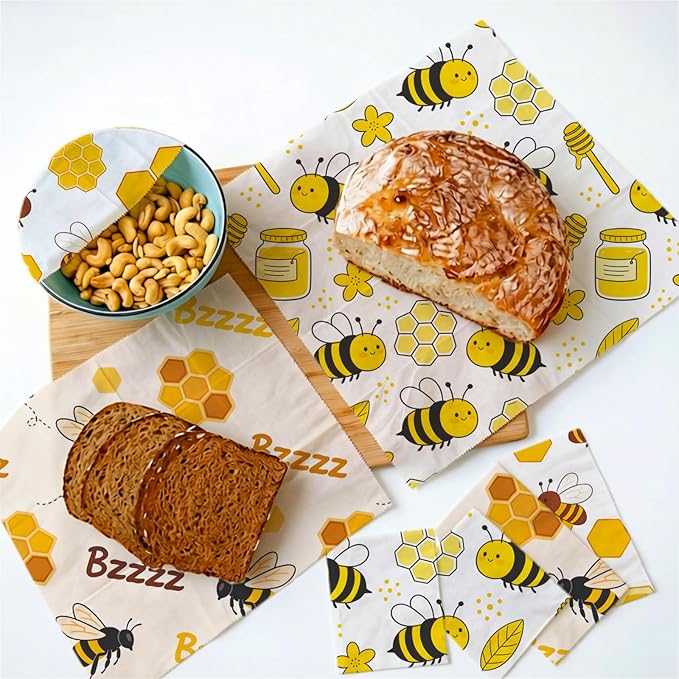 Reusable Beeswax Wraps, 9 Pack For Sandwich, Bread, Fruit, Bowl, Organic, Sustainable, Zero Waste, Plastic-Free, Eco-Friendly Food Storage, 1XL, 3M, 5S, Bee and Honeycomb Pattern