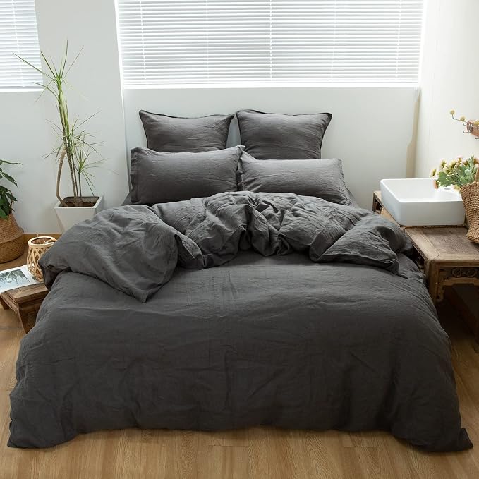 Simple&Opulence 100% Linen Duvet Cover Set 3pcs Basic Style Natural French Washed Flax Solid Color Soft Breathable Farmhouse Bedding with Button Closure - Dark Grey, Full