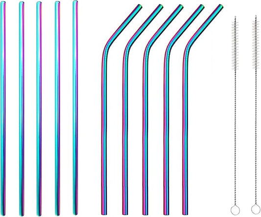 10 Pcs Stainless Steel Straws, Reusable Drinking Straws, 5 Straight + 5 Bent Metal Straws Set With 2 Pcs Cleaning Brushes (Colorful, 10.5 Inch)