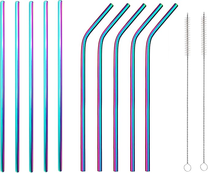 10 Pcs Stainless Steel Straws, Reusable Drinking Straws, 5 Straight + 5 Bent Metal Straws Set With 2 Pcs Cleaning Brushes (Colorful, 8.5 Inch)