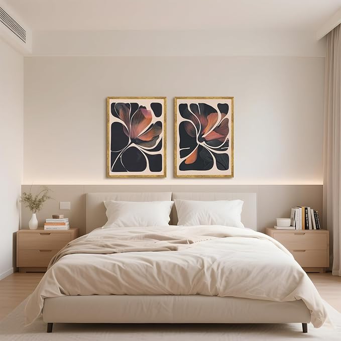 Abstract Floral Wall Art Prints Set of 2 Modern Mid Century Botanical Canvas Painting Posters Black Orange Flower Picture Wall Decor Aesthetic for Bedroom Home Decor 12x18inch Gold Framed