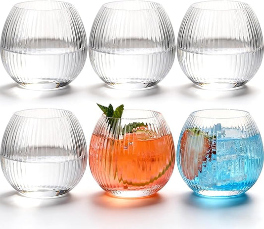 JOVGANK Clear Ribbed Drinking Glasses Set of 6-10.8OZ Stemless Wine Champagne Whiskey Cocktail Glass, Reusable Wine Cups for Home Party Wedding Bar