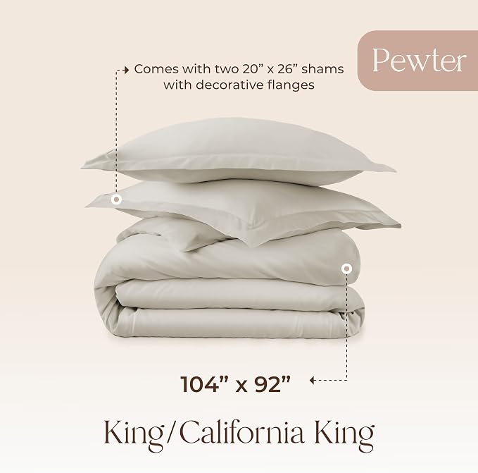 100% Organic Cotton Duvet Cover King Size - Naturally Soft Lightweight & Cooling Duvet Cover Set with Decorative Shams - Premium GOTS Certified 300 Thread Count Sateen Weave (Pewter, King)